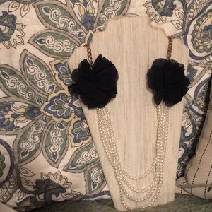 Faux pearl, gold chain and black flower necklace